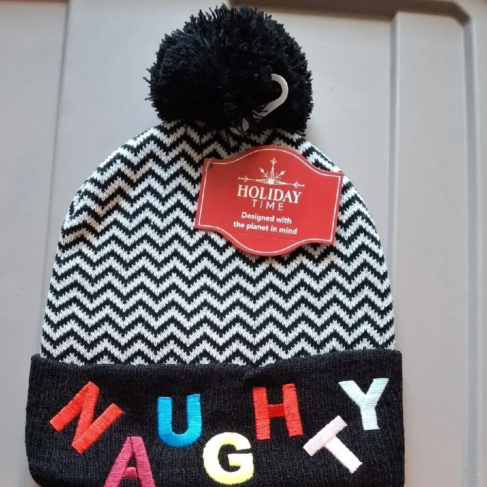 Holiday Time Zigzag Pom-Pom Beanie with Colorful Letters (Hat011)